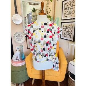 Vintage Stuart Randolph Womens Geometric White Top Sz Med Tie Retro Eclectic 80s